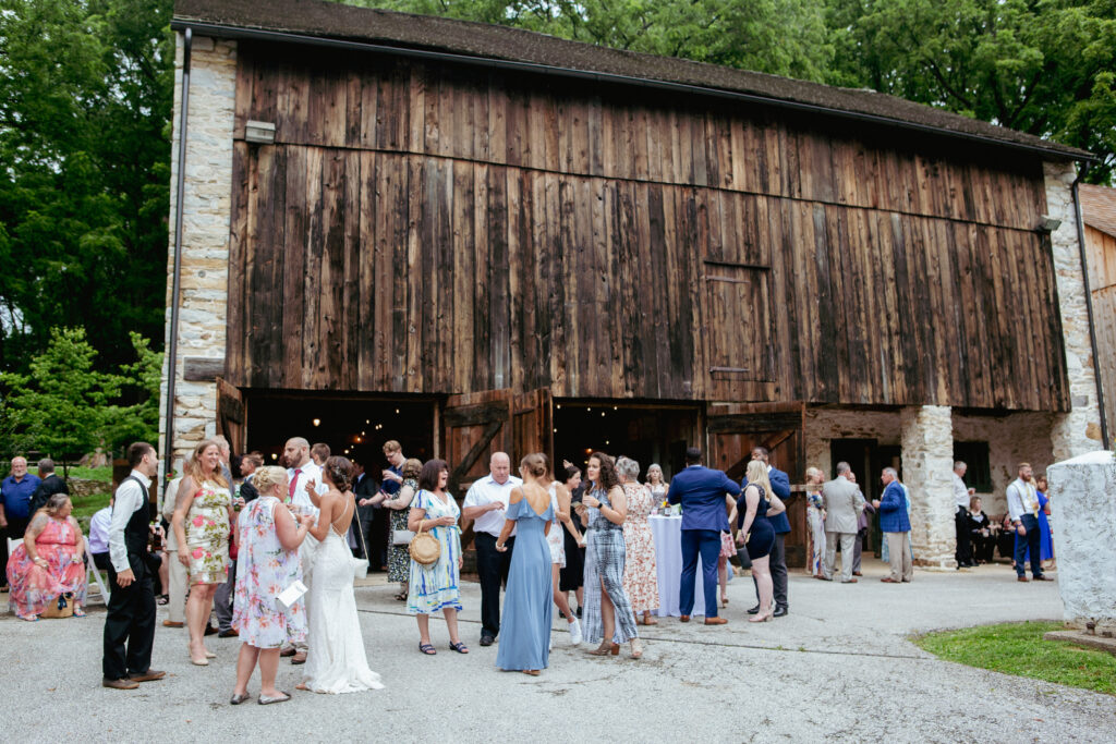 Elegant outdoor wedding dinner under string lights