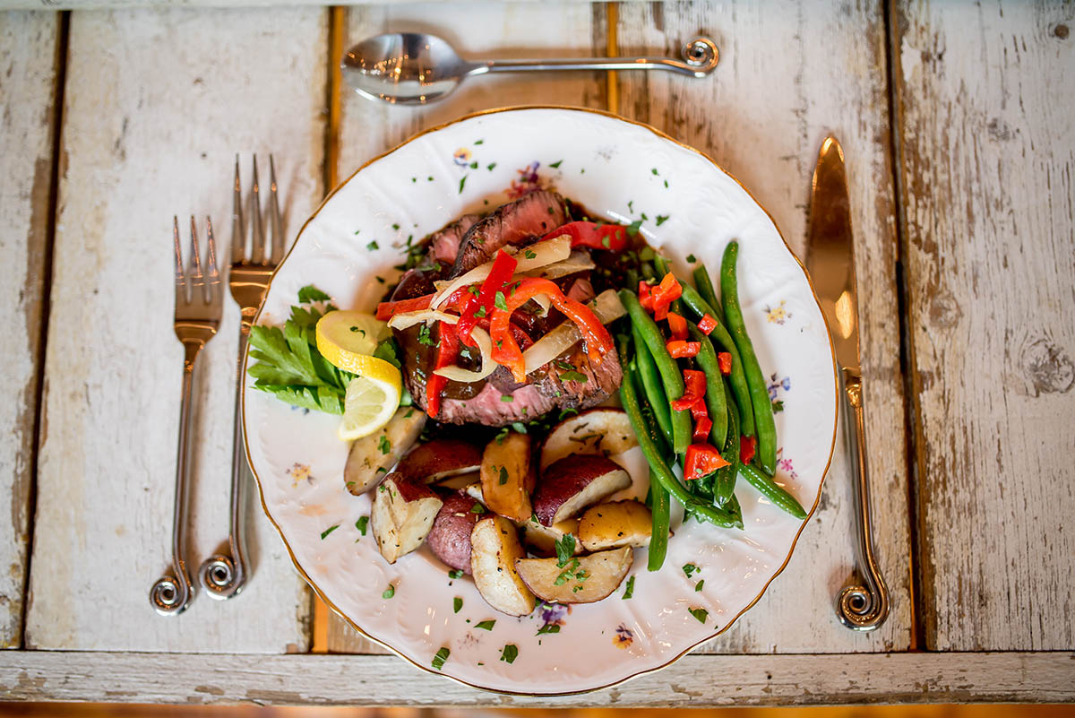 Gourmet wedding dinner - steak with peppers and potatoes